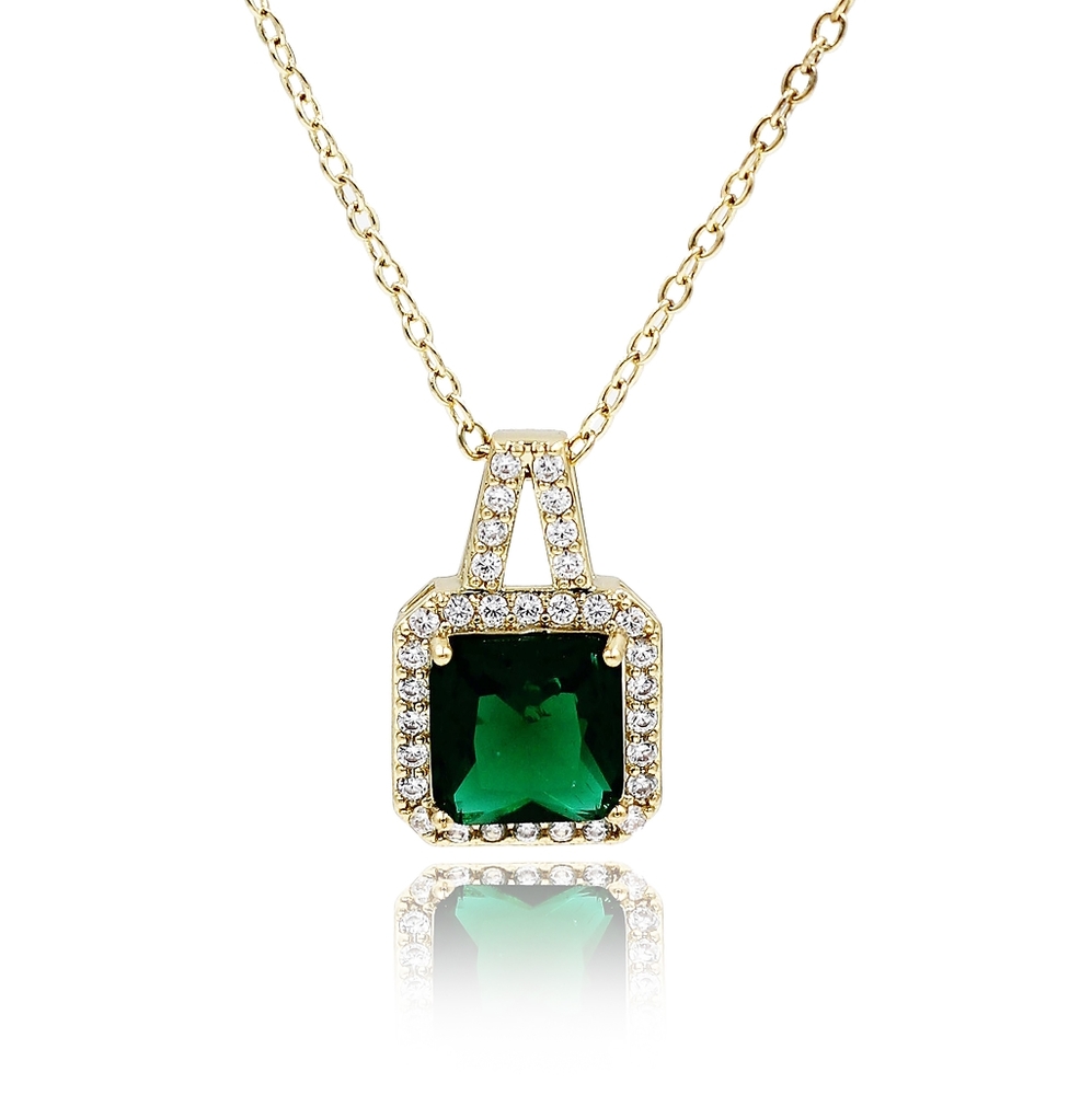 Gold green elegant square crystal pendant gold necklace
